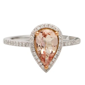 14K ROSE WHITE GOLD PAVE DIAMOND PINK MORGANITE PEAR COCKTAIL ENGAGEMENT RING - Foto 1 di 2