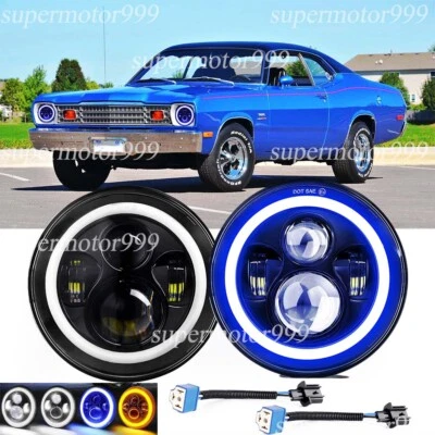 Fit Plymouth Duster 340 1970-1975 Blue Halo 7" inch Round LED Headlights Hi/Lo - Image 1 of 4