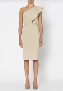 Scanlan Theodore crepe knit Ruffle dress Bodycon Event Beige Cocktail size M - Picture 1 of 12
