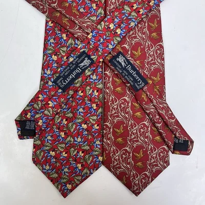 Lot of 2 Burberrys 100% Silk Ties - Floral & Mallard/Duck Pattern Red - England - Image 1 of 4