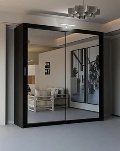 Sliding Door Mirror WARDROBE Hanging Rails Shelves Bedroom Storage Cabinet Robe - Picture 1 of 18