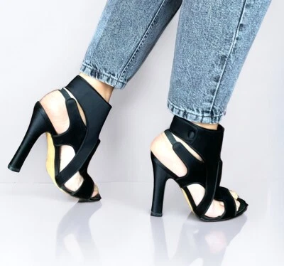 MANOLO BLAHNIK Black Satin Cutout Accents Slingback Heeled Sandals , Size 37 - Image 1 of 4