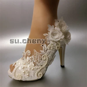 su.cheny Pearl satin white ivory lace flowers open toe Wedding Bridal heel shoes - Picture 1 of 12