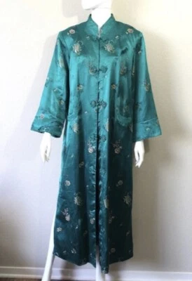 VTG 1940s-50s emerald silk Hollywood glamour dressing gown robe kimono M - Image 1 of 4