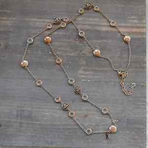 Vintage Brighton Long Chain Necklace Rose Gold Round Clear Crystals Hammered 41"