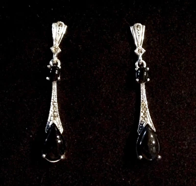 Sterling Silver Marcasite Black Onyx peardrop earrings Pear drop Dangle Earrings - Image 1 of 2