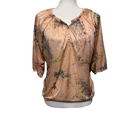 Blusa Campesina Vintage Años 70 Nylon Melocotón Floral Talla Pequeña Disco Hippie Foto 1 de 4