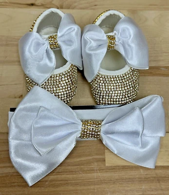 Bling Gold Accent Rhinestone White Bow Baby Girl Newborn Shoes Headband Set - Image 1 of 4