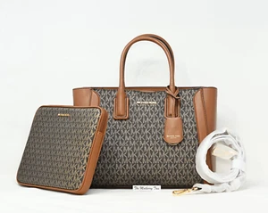 Cartera mediana Michael Kors Kali con funda para iPad marrón dorada firma bolsa de lona - Imagen 1 de 24