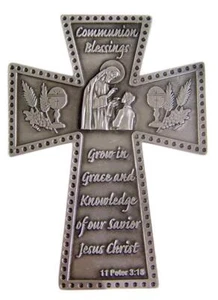 5 7/8" Silver-Toned Pewter Boy's First Communion Hanging Wall Cross Blessings - Picture 1 of 3