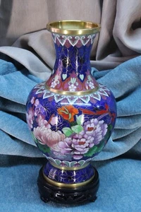 Chinese vase enamel cloisonne flowers. Blue. Contemporary. - Imagen 1 de 12