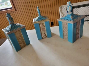 Cannister Set With Seahorse Finials Sugar Flour Coffee Stoneware - Picture 1 of 6