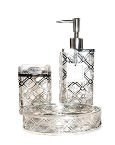 Nuovo Bella Lux 3 PC Set Vetro Metallo Color Argento Cornice Sapone Dispenser, - Foto 1 di 4
