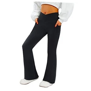 Women's Flare Yoga Pants with Pockets-V Crossover High Waisted Large Black - Picture 1 of 6