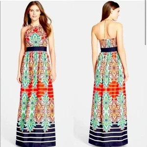Eliza J Print Crêpe de Chine Halter Maxi Dress Navy Combo Paisley - 4 EUC - Picture 1 of 13