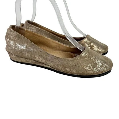 Fs/Ny 法国鞋底金色皮革一脚蹬楔形乐福鞋圆头女式鞋 6 码 — 第 1/4 张图片