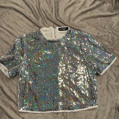 Allegra K Sequin Top Mock Neck Short Sleeve Party Sparkle Crop Top - Image 1 of 4