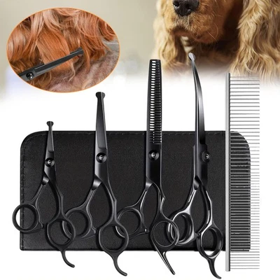 MARKENLOS 5x Profi Hundeschere Set Hunde Haarschere Fellschere mit Effilierschere Gebogene