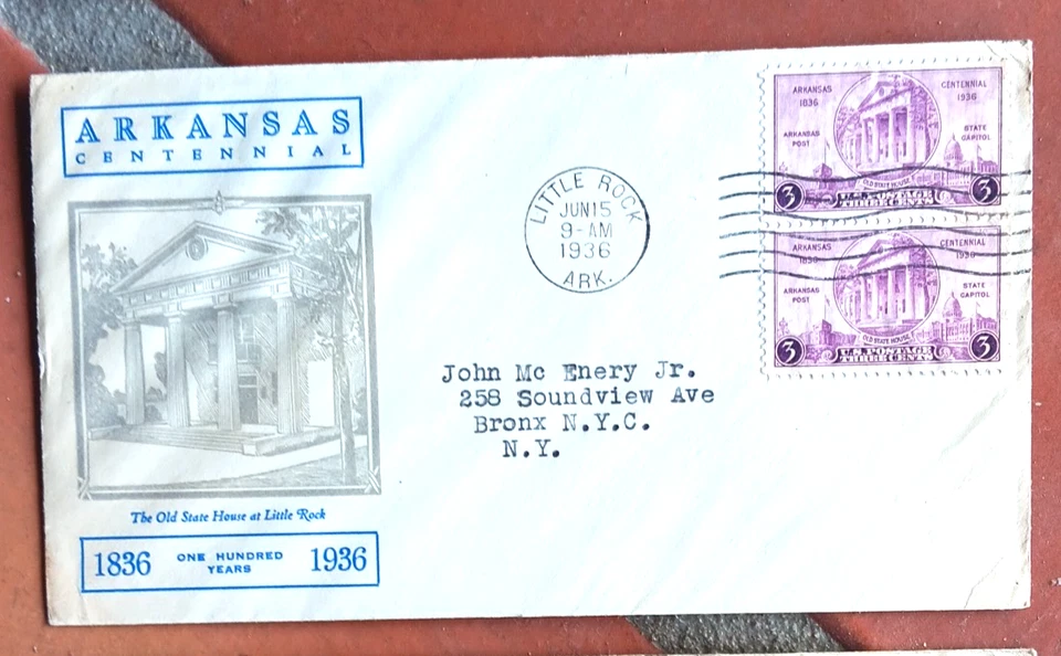 1936 ARKANSAS STATEHOOD CENTENNIAL OLD STATE HOUSE LINPRINT CACHT FDC STAMP PAIR - Image 1 of 1