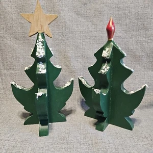 Vintage Wood 3 D Christmas Trees Lot Of 2. Wooden Green Snow Star - Picture 1 of 7