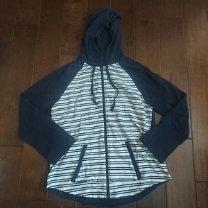 Basic Editions Men's White and Navy Blue Striped Full Zip Hoodie - Size M - Picture 1 of 21
