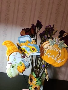 3 New! Fall Vintage Farm Truck & Gnome Pumpkin Metal Stakes. Wreath/ Metal Stake - Picture 1 of 8