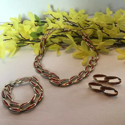 Conjunto Collar Pulsera Pendiente Esmalte Rojo y Tono Dorado Retro Foto 1 de 4