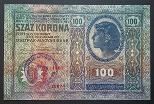 1912 Austria-Hungary 100 Kronen Banknote w. Regional Stamp, P-12. - Picture 1 of 2