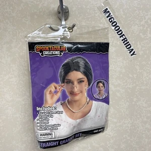Granny Set Includes: Silver Grey Wig With Wig Cap, Glasses,Chain, Pearl Necklace - Picture 1 of 6