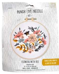 Needle Creations Flowers with Bee Punch Needle Kit Hoop Cottage Core Advanced 6" - Picture 1 of 6