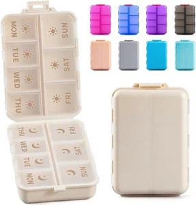 Foldable Weekly Pill Organizer 7 Day AM PM Travel Medicine Vitamin Case Khaki - Picture 1 of 11