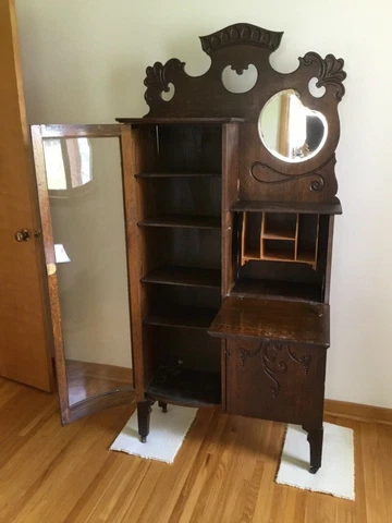 Antique Drop Front Secretary Desk with Mirror and Adjustable Shelves Cover