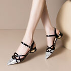 Womens Leather Pointy Toe Two Tone Sandal Lady Cutout Ankle Strap Mid Heel Shoes