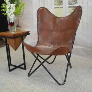 Modern Chair Leather Butterfly Brown New Top Quality Handmade With Stand - Picture 1 of 5