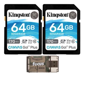 Kingston 64GB SDXC Canvas 170MBs Read Memory Card 2 Pack USB Card Reader - Picture 1 of 5