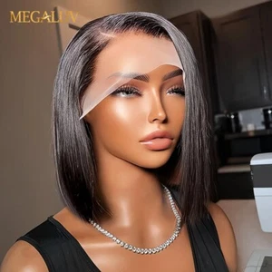 Short Bob Lace Front Human Hair Wig Straight Transparent 4x4 Lace Closure Wig - Picture 1 of 16