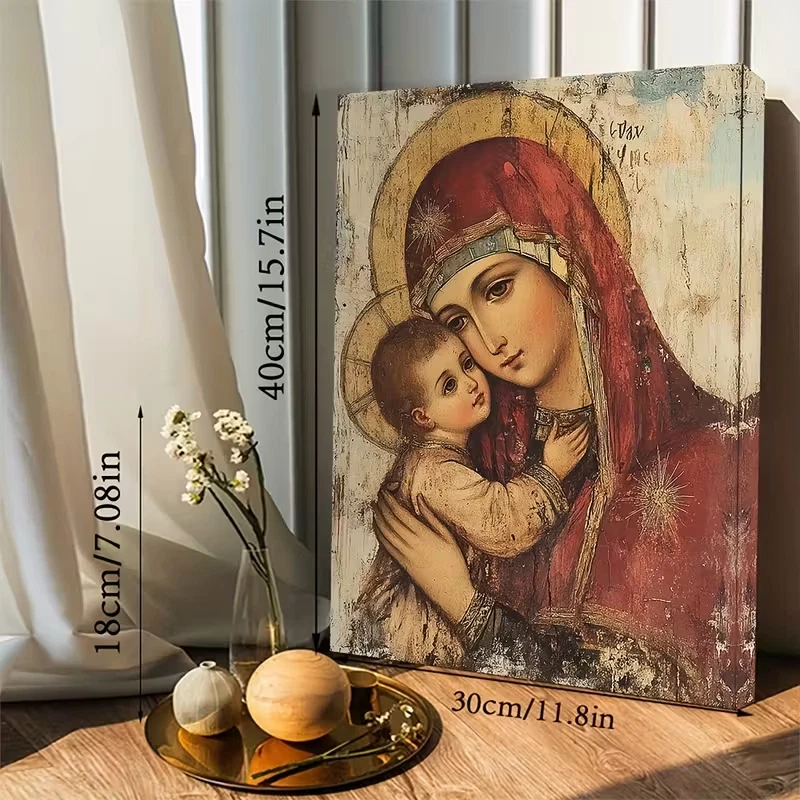 Vintage Framed Canvas Painting Russian Orthodox Icon of Virgin Mary and Jesus - Image 1 of 4