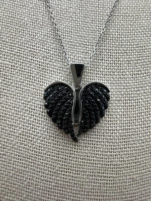 .68ctw Black Spinel Opening Angel Wing Heart Sterling Silver Necklace - Image 1 of 4