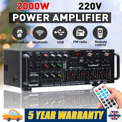 2000W Digital Power Amplifier Bluetooth Stereo HiFi Audio 2CH USB SD FM Remote - Image 1 of 4