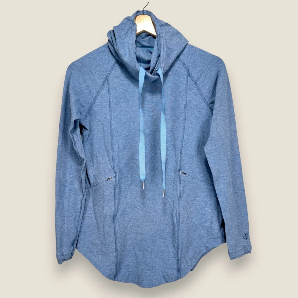 Coolibar LumaLeo 套衫女式 XXS 蓝色拉链口袋浅蓝色漏斗 UPF 50+ — 第 1/4 张图片