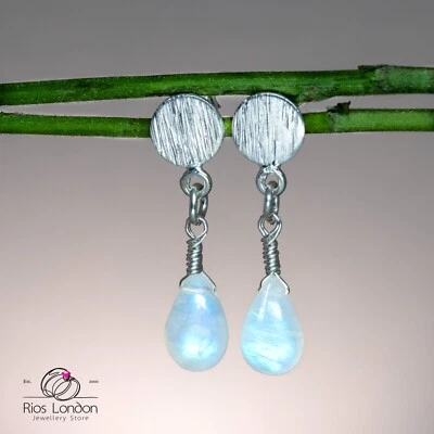 Sterling Silver Brushed Disc Teardrop Dangle Earrings-Natural Rainbow Moonstone - image 1 of 4