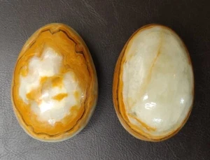 Vintage Alabaster Marble Stone 2 Eggs 2.5” Long Paperweight Green Brown Cream - Picture 1 of 9