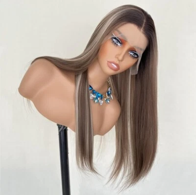 Peluca frontal de encaje HD mezcla cabello humano resaltados miel recta marrón rubio Foto 1 de 4