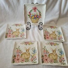Set Of Maxcera Spring Salad Lucheon Plates 4 Bunny Floral & 1 Easter Basket