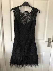 Lipsey Black Lace Dress With Feather Trim Hem Size 8 - Picture 1 of 4