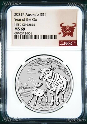 2021 Australia .9999 Bullion Silver Lunar Year of the OX NGC MS69 1oz $1 Coin - Image 1 of 2