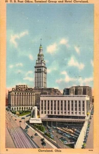 Leinen Ansicht Postkarte Cleveland Ohio Post Büro Hotel Terminal Gruppe PM 1943 - Bild 1 von 2