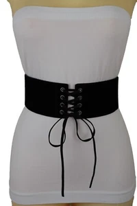 Women Black Faux Suede Leather Elastic Corset Fashion Belt Hip High Waist S M - Picture 1 of 12