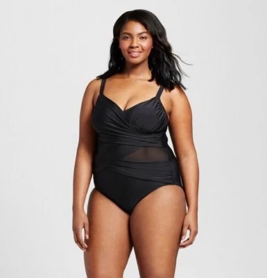 Nuevo Traje de Baño Retro AVA & VIV Negro Malla Recortada Una Pieza 26W Foto 1 de 4