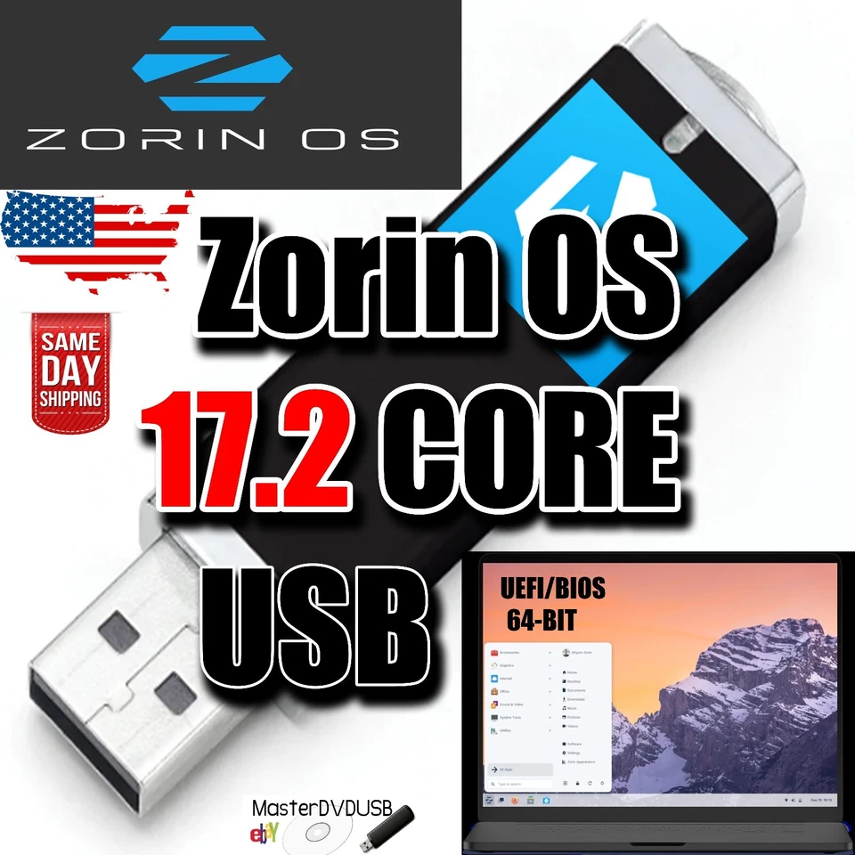 Zorin OS 17.2 Core USB Flash Drive - High-Quality Metal - UEFI & BIOS Compatible - Image 1 of 1